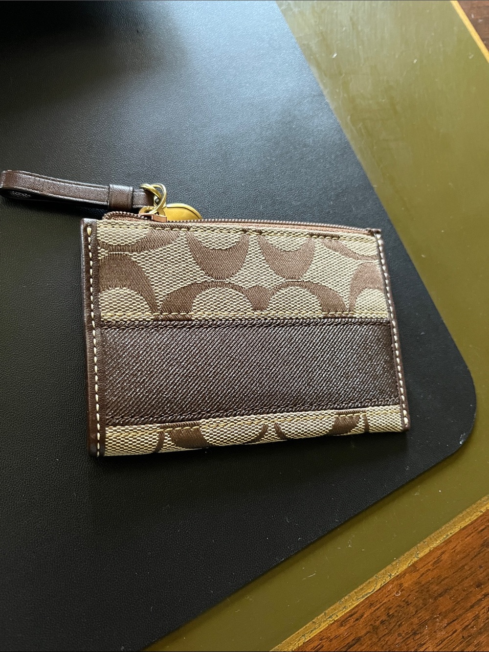 Coach Brown Signature Canvas Card Case with Gold Charm and Key ring